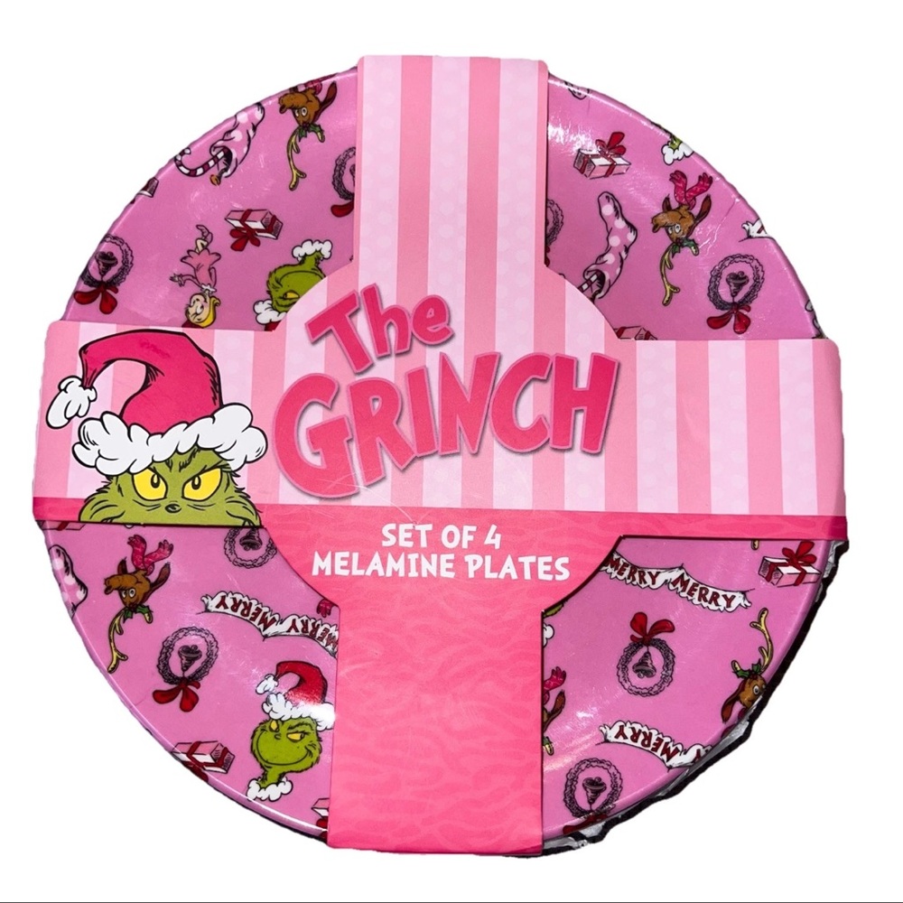 The Grinch‎ Pink Melamine Plate Set of 4 Christmas Dr Seuss Bioworld NWT
